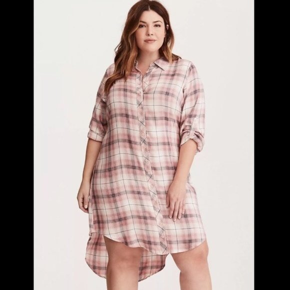 torrid Dresses & Skirts - Torrid Pink Plaid Shirt Dress High Low Hem Size 2X